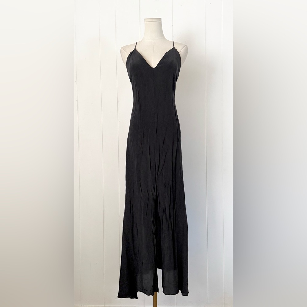 Catherine Gee 100% Silk Black Slit Midi Dress Size XS Designer Sweetheart Neck